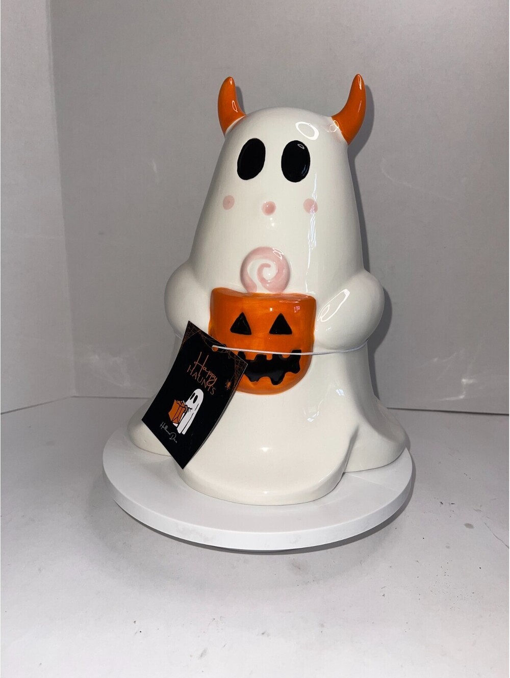 White Ceramic Halloween Ghost Decoration – “Happy Haunts” Tag & Jack-o’-Lantern
